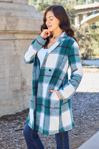 Double Take Full Size Plaid Button Up Lapel Collar Coat Trendsi