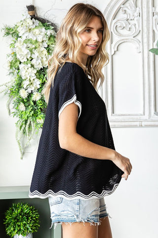 First Love Full Size Contrast Wavy Crochet Drop Shoulder Knit Top Trendsi