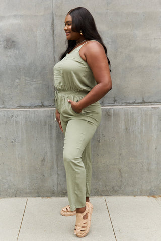 ODDI Full Size Textured Woven Jumpsuit in Sage Trendsi