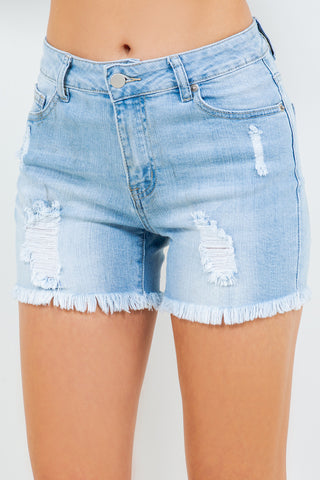 American Bazi High Waist Distressed Frayed Denim Shorts Trendsi