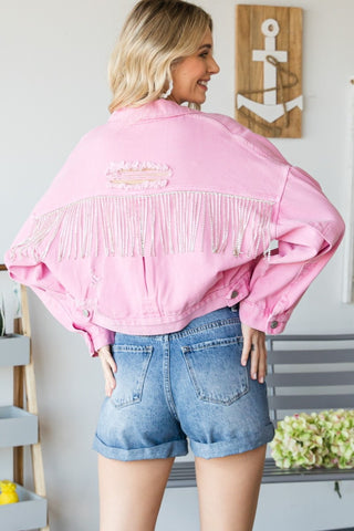 Veveret Fringe Distressed Button Up Denim Jacket Trendsi