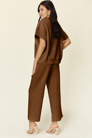 Double Take Full Size Texture Half Zip Short Sleeve Top and Pants Set Trendsi