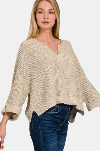 Zenana Notched Side Slit Patch Sweater Trendsi