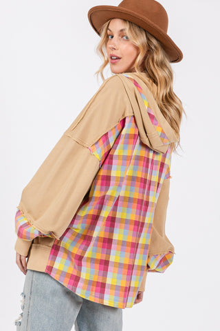 SAGE + FIG Full Size Plaid Print Washed Hoodie Trendsi