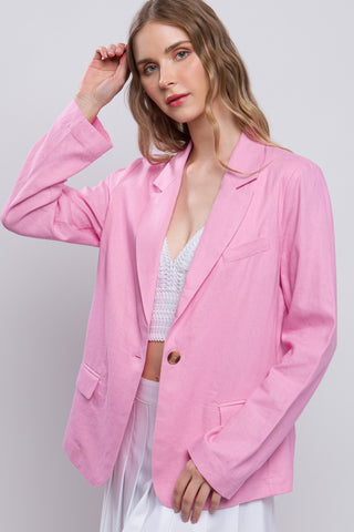 Love Tree One-Button Long Sleeve Linen Blazer Trendsi