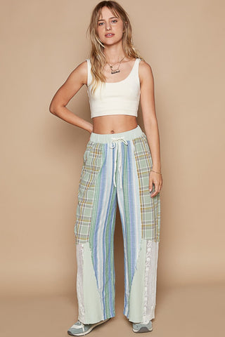 POL Drawstring Plaid Print Lace Straight Pants Trendsi