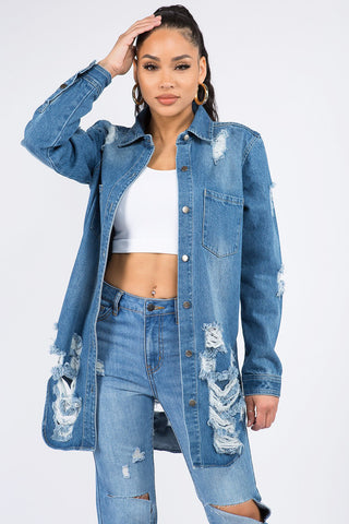 American Bazi Distressed Button Down Denim Shirt Jacket Trendsi