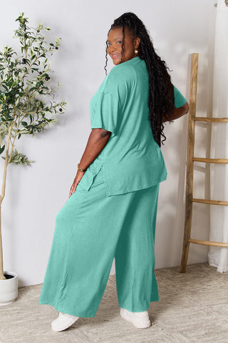 Double Take Full Size Round Neck Slit Top and Pants Set Trendsi