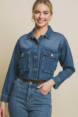 Love Tree Raw Hem Button Up Cropped Denim Jacket Trendsi