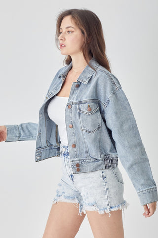 RISEN Full Size Button Down Cropped Denim Jacket Trendsi