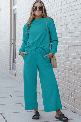 Double Take Full Size Textured Long Sleeve Top and Drawstring Pants Set Trendsi