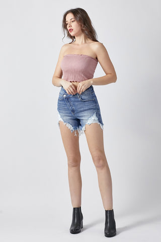 RISEN Raw Hem Asymmetrical Waist Denim Shorts Trendsi