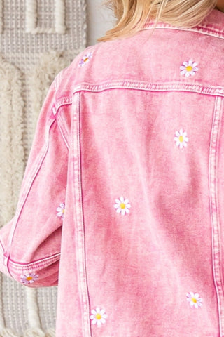 Veveret Daisy Print Button Up Denim Jacket Trendsi