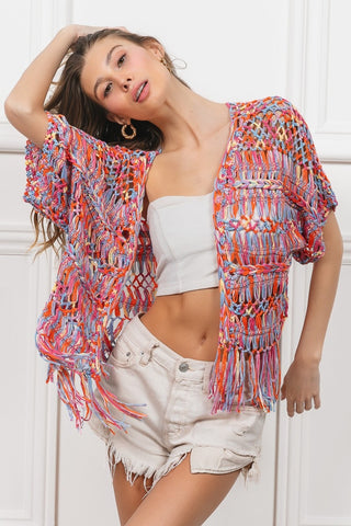 BiBi Open Front Fringed Crop Knit Cardigan Trendsi