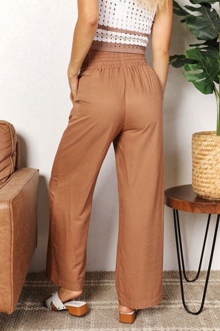 Double Take Drawstring Smocked Waist Wide Leg Pants Trendsi