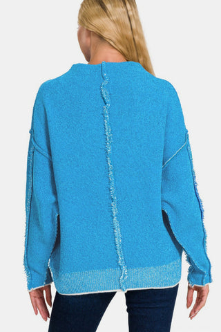 Zenana Exposed Seam Mock Neck Long Sleeve Sweater Trendsi