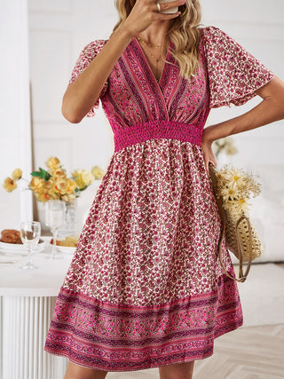 Devine Floral Smocked Waist Short Sleeve Mini Dress Trendsi