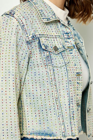 Veveret Multi Color Stripe Rhinestone Raw Hem Denim Jacket Trendsi