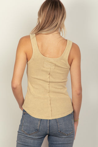 VERY J Washed Ribbed Tank with Placket Detail Trendsi