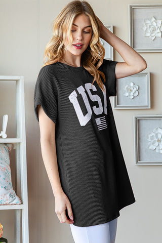 Heimish Full Size USA Graphic Short Sleeve Ribbed Top Trendsi