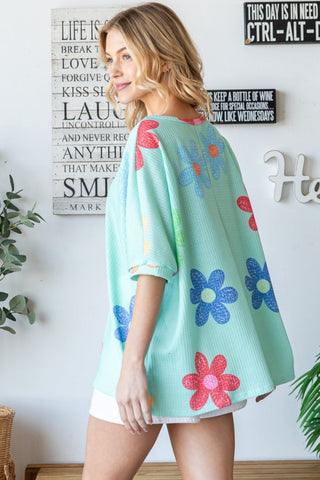 HOPELY Floral Waffle Oversize T-Shirt Trendsi