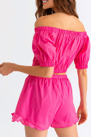 Le Lis Off Shoulder Crop Top and Ruffled Shorts Set Trendsi