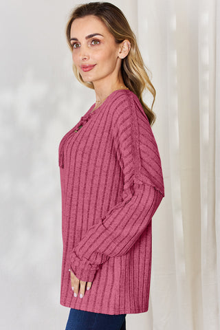 Basic Bae Full Size Ribbed Half Button Long Sleeve T-Shirt Trendsi