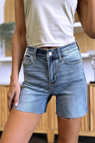 Judy Blue Full Size High Waist Raw Hem Denim Shorts Trendsi