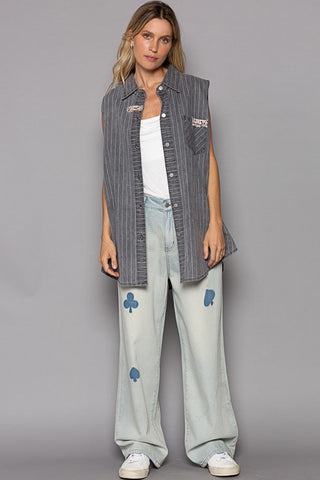 POL Button Down Sleeveless Striped Denim Shirt Trendsi