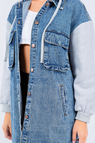 American Bazi Contrast Longline Hooded Denim Jacket Trendsi