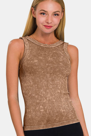 Zenana 2 Way Neckline Washed Ribbed Cropped Tank Trendsi