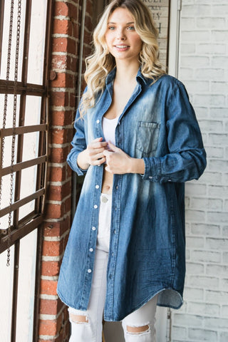 Veveret Pocketed Button Up Washed Denim Shirt Trendsi