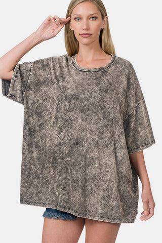 Zenana Washed Round Neck Drop Shoulder Oversized T-Shirt Trendsi