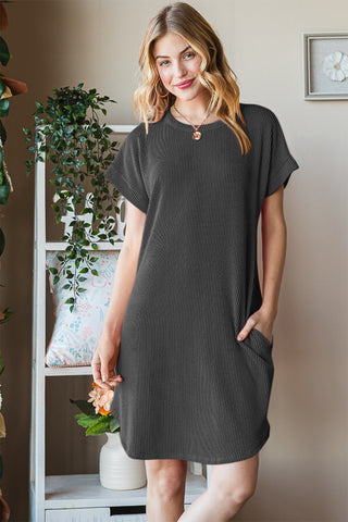 Heimish Full Size Ribbed Round Neck Short Sleeve Tee Dress Trendsi