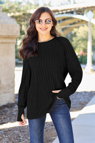 Basic Bae Full Size Ribbed Round Neck Long Sleeve Knit Top Trendsi