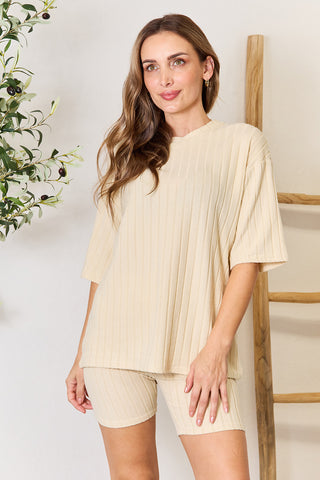 Ribbed Round Neck Top and Shorts Lounge Set Trendsi