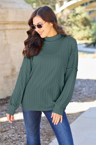 Basic Bae Full Size Ribbed Exposed Seam Mock Neck Knit Top Trendsi