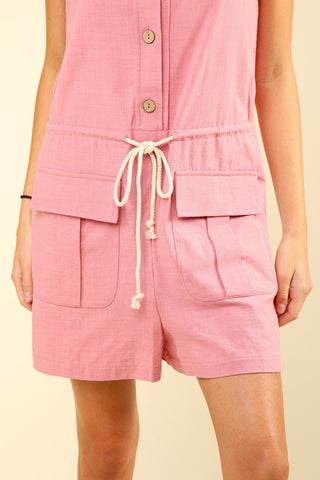 VERY J Half Button Drawstring Sleeveless Romper Trendsi