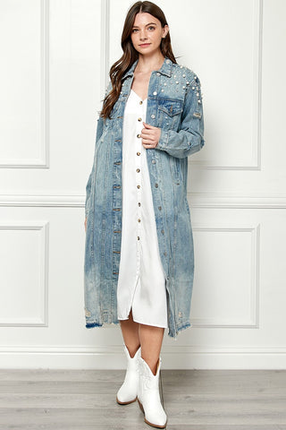 Veveret Full Size Distressed Raw Hem Pearl Detail Button Up Jacket Trendsi