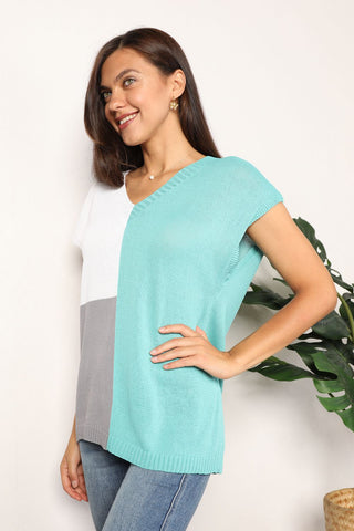 Color Block V-Neck Knit Top Trendsi