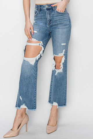 RISEN High Rise Distressed Crop Straight Jeans Trendsi