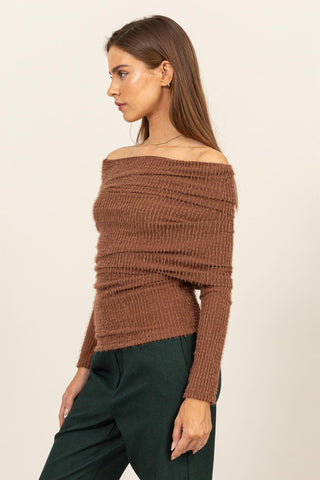 HYFVE Fuzzy Off Shoulder Textured Knit Top Trendsi