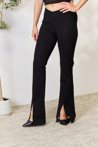 Kancan V-Waistband Slit Flare Pants Trendsi