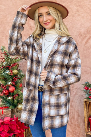 And The Why Plaid Open Front Hooded Shacket Trendsi