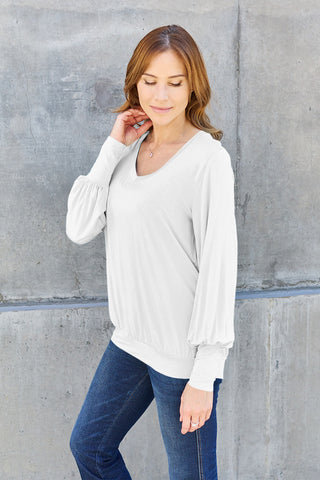 Basic Bae Full Size V-Neck Lantern Sleeve Top Trendsi