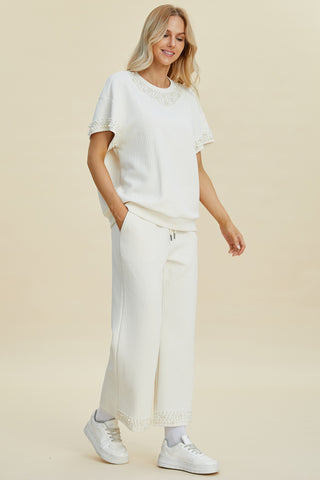 Double Take Full Size Pearl Detail Round Neck Top and Pants Set Trendsi