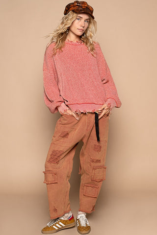 POL Distressed Washed Drop Shoulder Sweater Trendsi