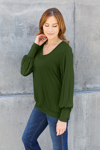 Basic Bae Full Size V-Neck Lantern Sleeve Top Trendsi