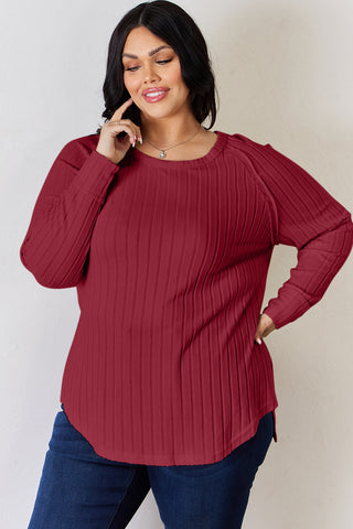 Basic Bae Full Size Ribbed Round Neck Slit T-Shirt Trendsi