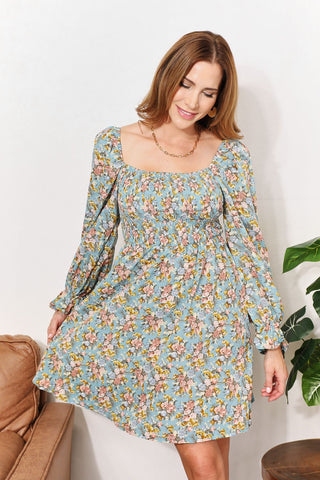 Honey Floral Smocked Flounce Sleeve Square Neck Dress Trendsi